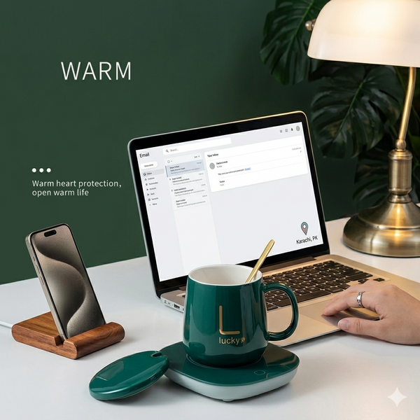 Smart Coffee Mug Warmer Set – Electric Heating Coaster with Ceramic Cup & Spoon