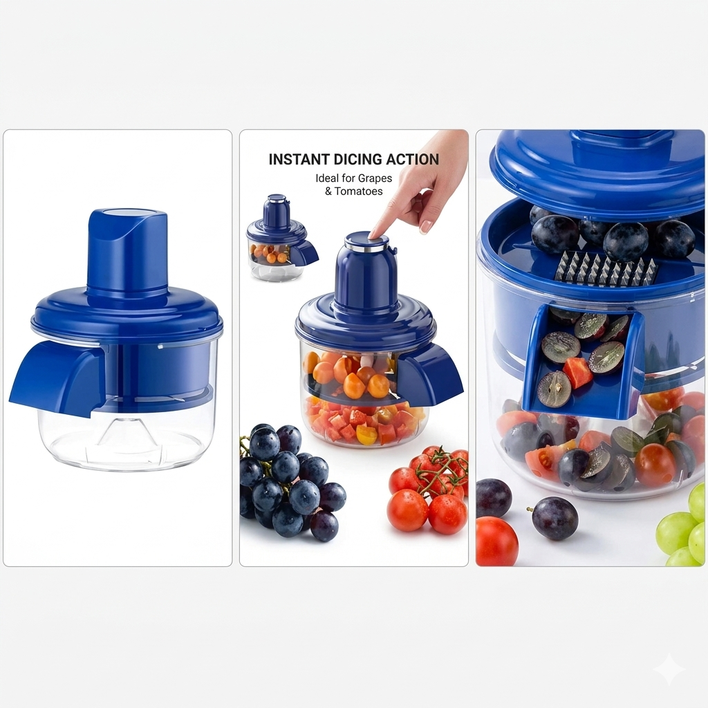 Instant Fruit & Veggie Dicer – One-Touch Manual Slicer for Salad & Grapes
