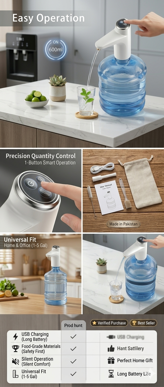 Smart Electric Water Dispenser – USB Rechargeable Automatic 5 Gallon Bottle Pump