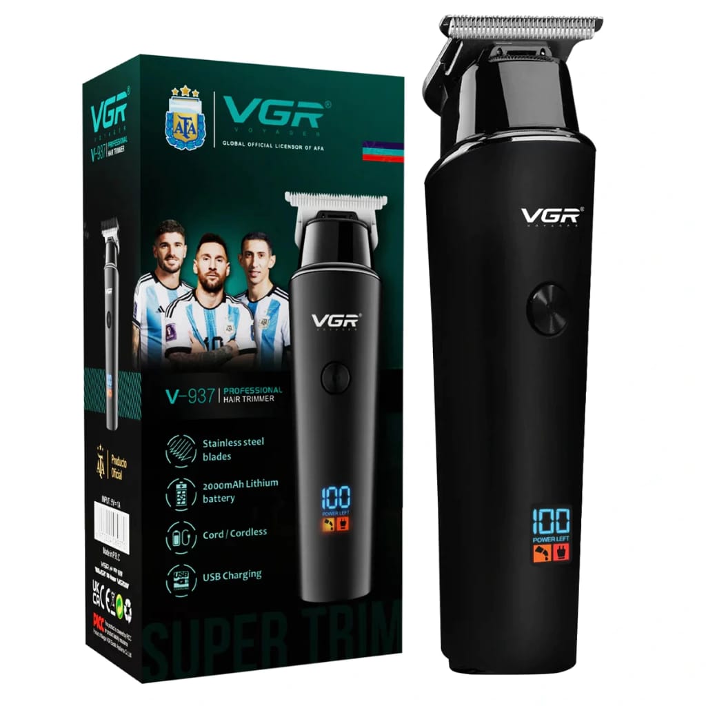 VGR V-937 Professional Hair Trimmer – Stainless Steel Blades, Cordless, USB Charging, LED Display (Official AFA Edition