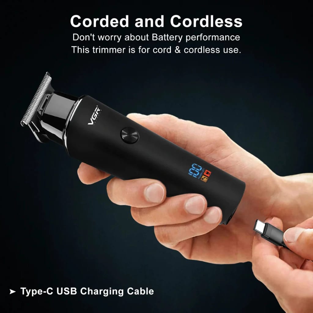 VGR V-937 Professional Hair Trimmer – Stainless Steel Blades, Cordless, USB Charging, LED Display (Official AFA Edition