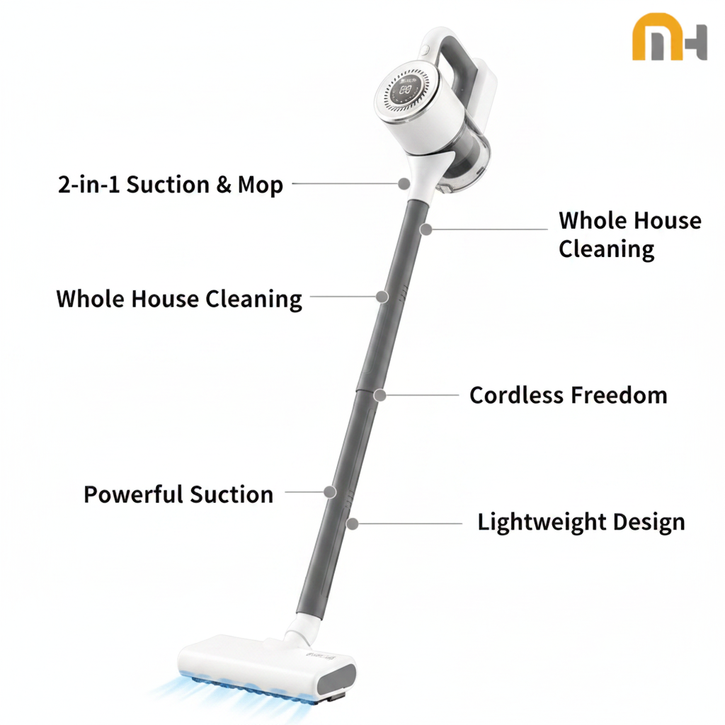 Denx Cordless Stick Vacuum - 2-in-1 Suction & Tow for Deep Home Cleaning